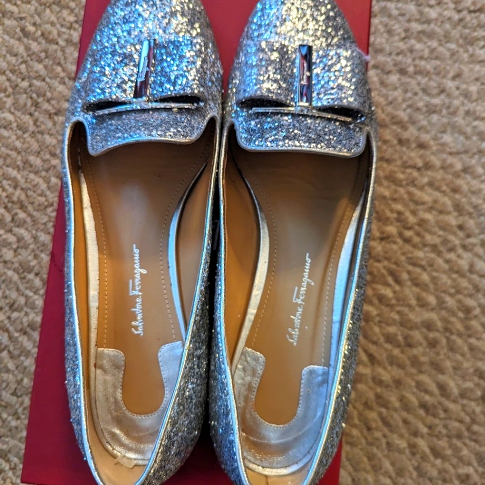 Salvatore Ferragamo Sparkly Silver Flats